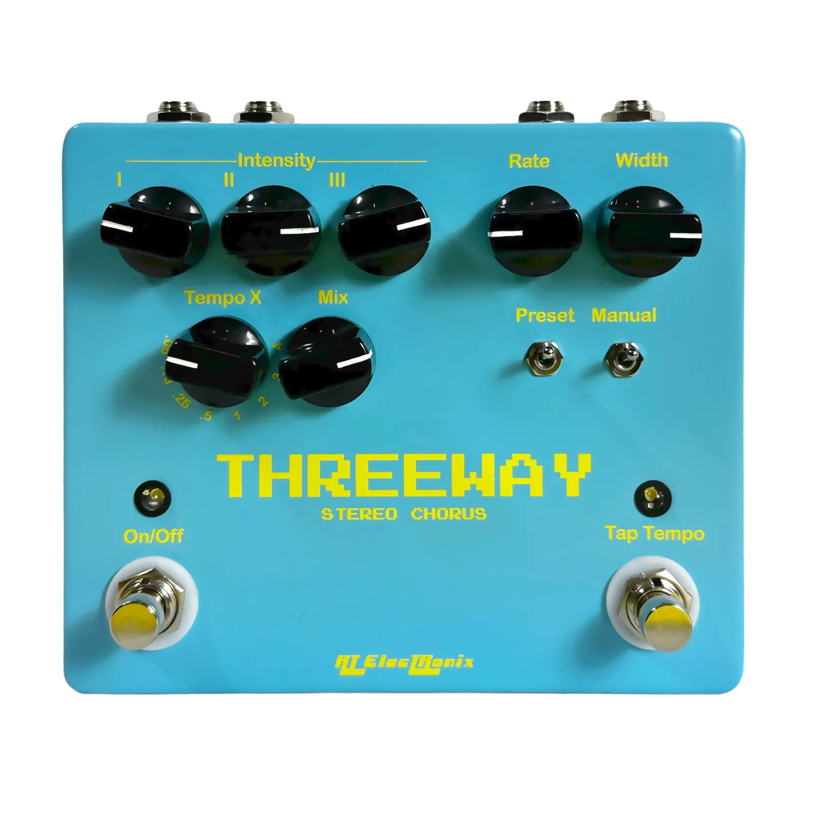 Front view of a light blue The Last Ménage Threeway stereo chorus pedal.