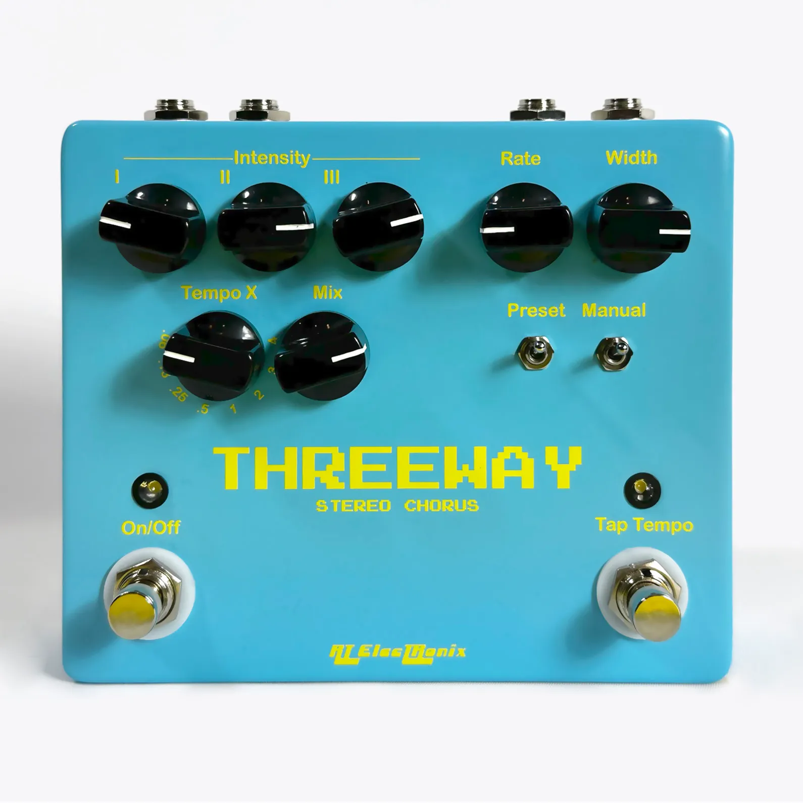 Front view of a light blue The Last Ménage Threeway stereo chorus pedal.